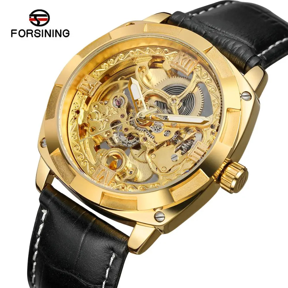 Latest Age Men Leather Strap Forsining Gold Skeleton Luxury Watches