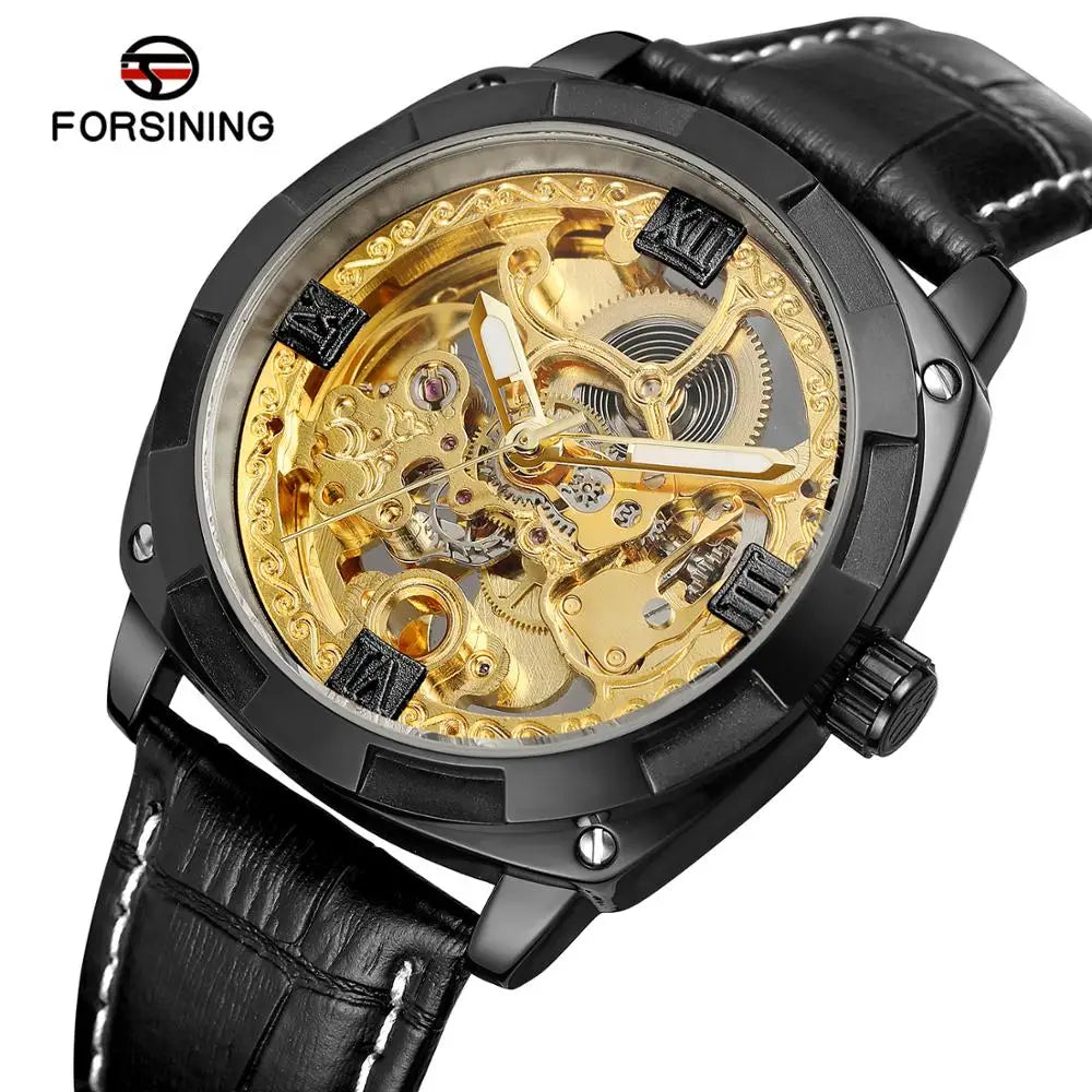 Latest Age Men Leather Strap Forsining Gold Skeleton Luxury Watches