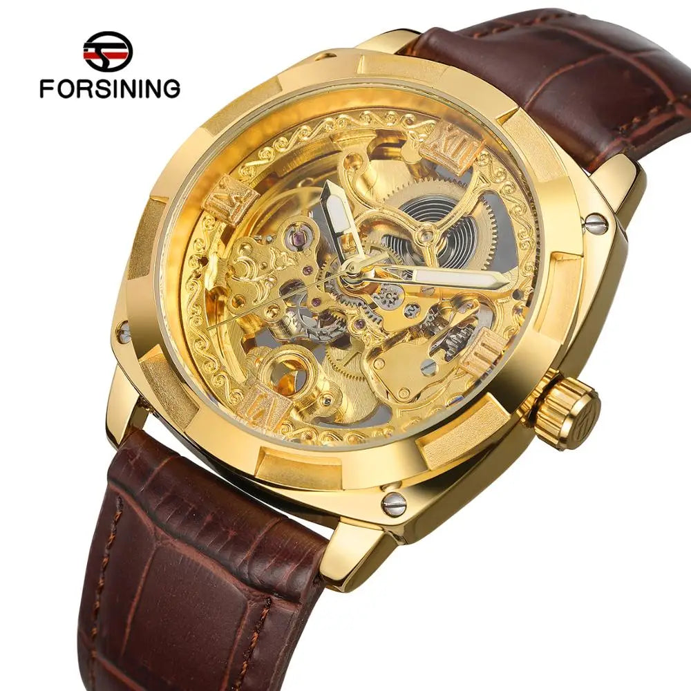 Latest Age Men Leather Strap Forsining Gold Skeleton Luxury Watches