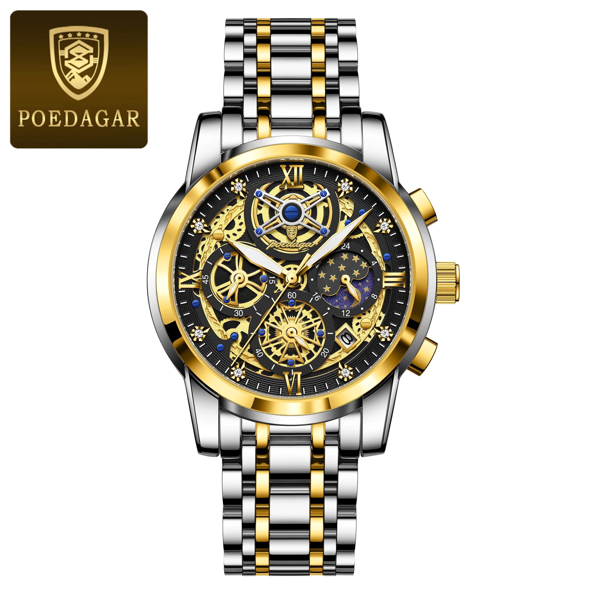POEDAGAR Original Male Watch Stainless Steel Date Chronograph Quartz Men Watch Waterproof Luminous Fashion Watches For Men Reloj