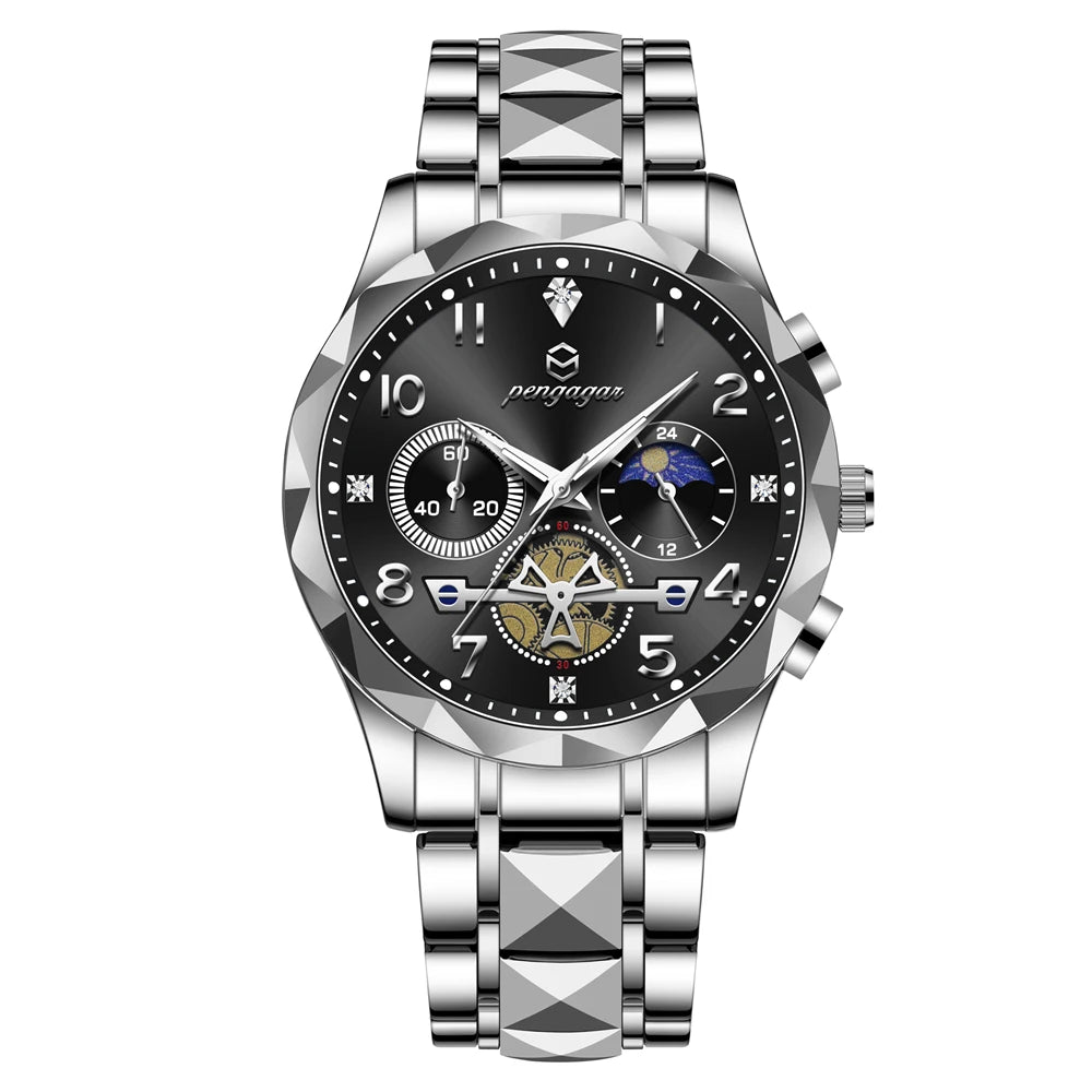 PENGAGAR  Luxury Man Wristwatch Waterproof Luminous Chronograph Watch for Men Stainless Steel Men's Quartz Watches reloj hombre