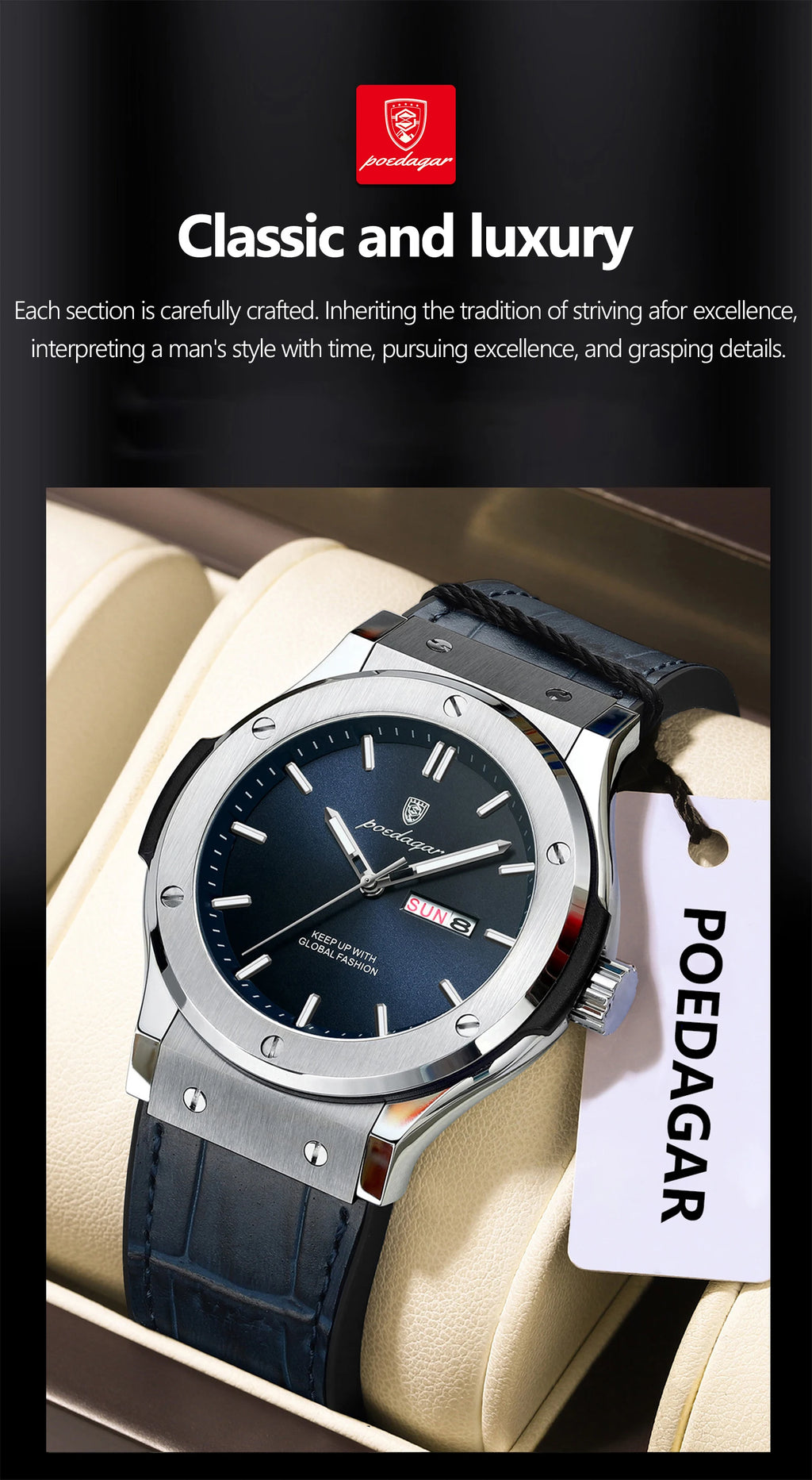 POEDAGAR Luxury Business Watch For Men Waterproof Luminous Date Week Man Wristwatch Silicone Strap Fashion Quartz Men's Watches