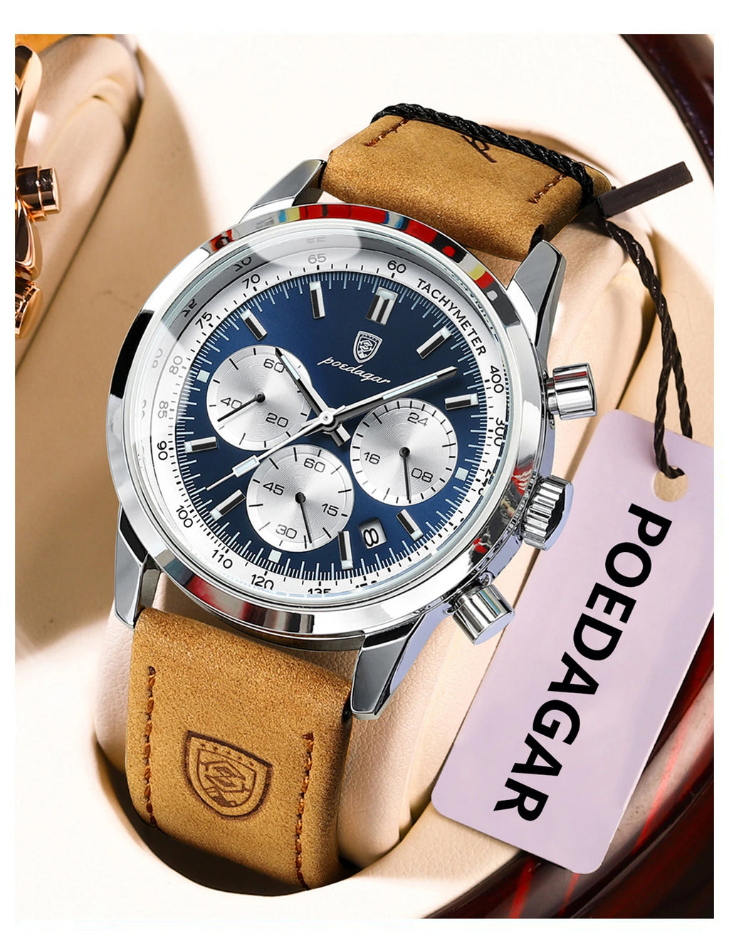 POEDAGAR Fashion Men's Watch Waterproof Luminous Leather Military Man Wristwatch Chronograph Quartz Luxury Watches For Men Reloj