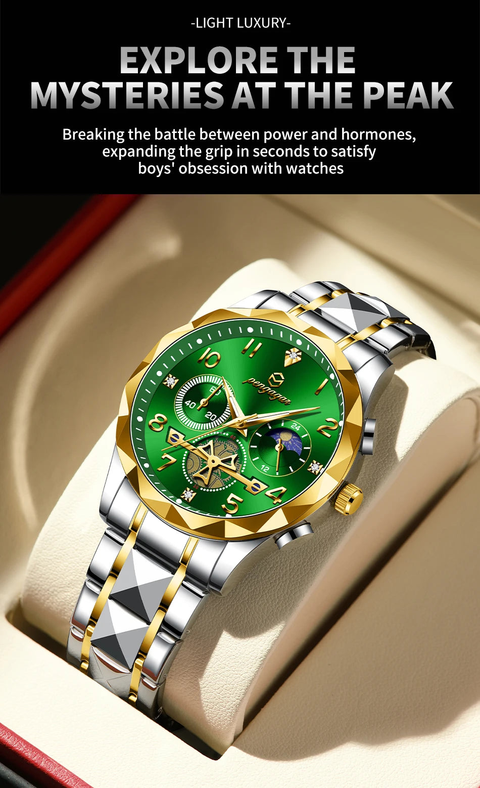 PENGAGAR  Luxury Man Wristwatch Waterproof Luminous Chronograph Watch for Men Stainless Steel Men's Quartz Watches reloj hombre