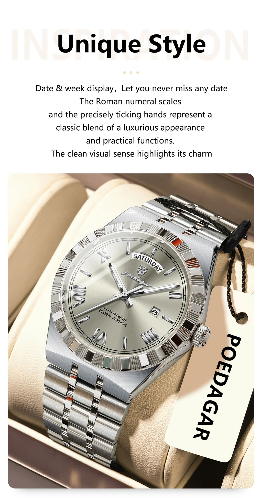 POEDAGAR Luxury Fashion Man Wristwatch Week Date Waterproof Luminous Men's Clock Stainless Steel Quartz Business Watches For Men