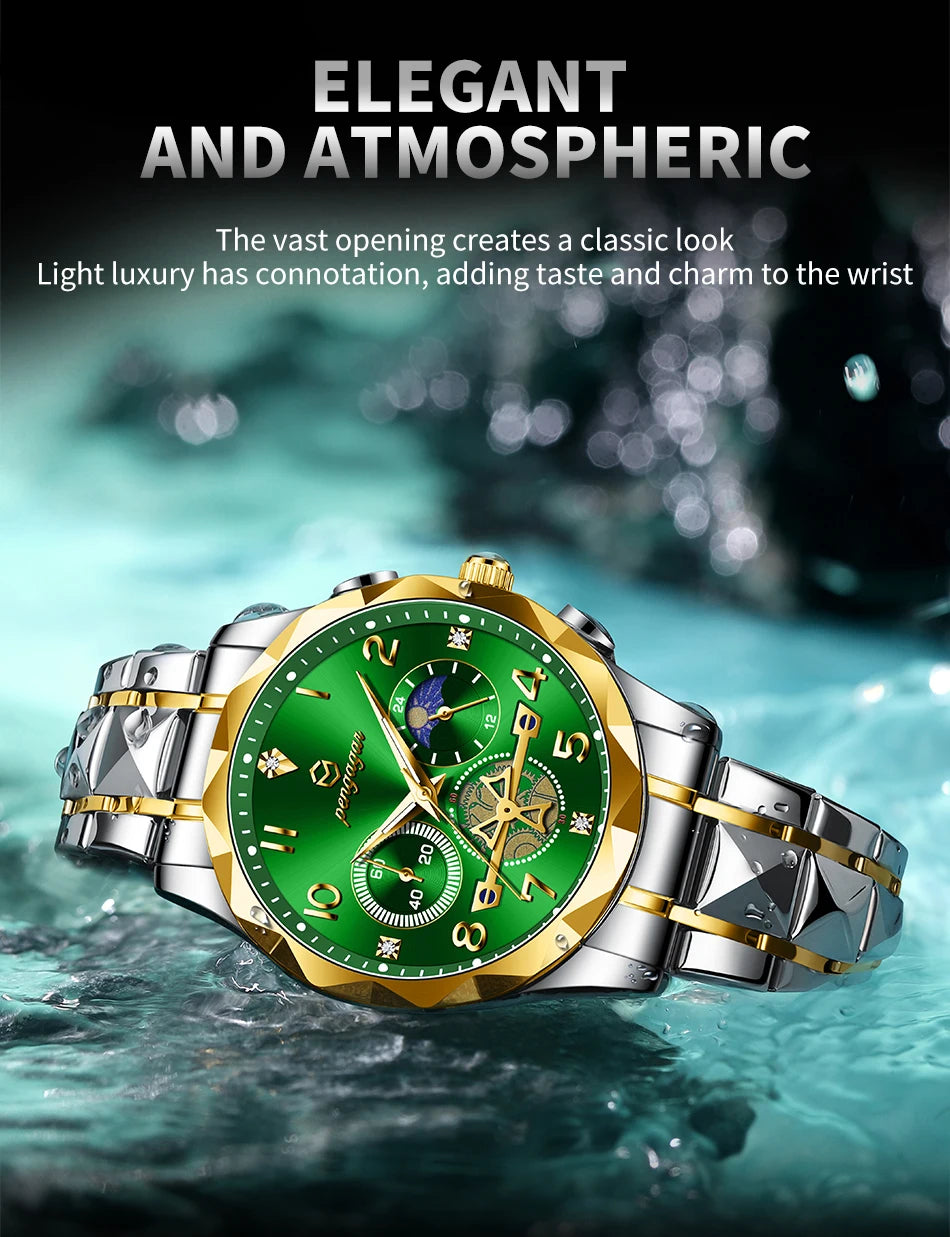 PENGAGAR  Luxury Man Wristwatch Waterproof Luminous Chronograph Watch for Men Stainless Steel Men's Quartz Watches reloj hombre