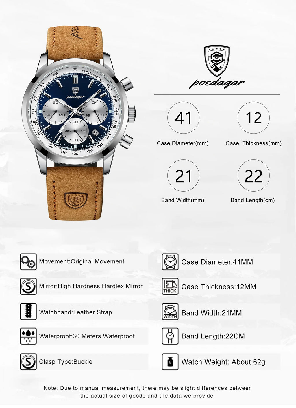 POEDAGAR Fashion Men's Watch Waterproof Luminous Leather Military Man Wristwatch Chronograph Quartz Luxury Watches For Men Reloj