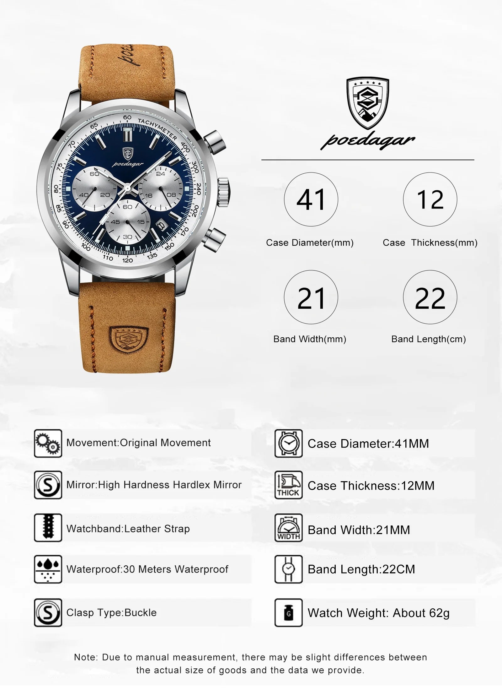 POEDAGAR Fashion Men's Watch Waterproof Luminous Leather Military Man Wristwatch Chronograph Quartz Luxury Watches For Men Reloj