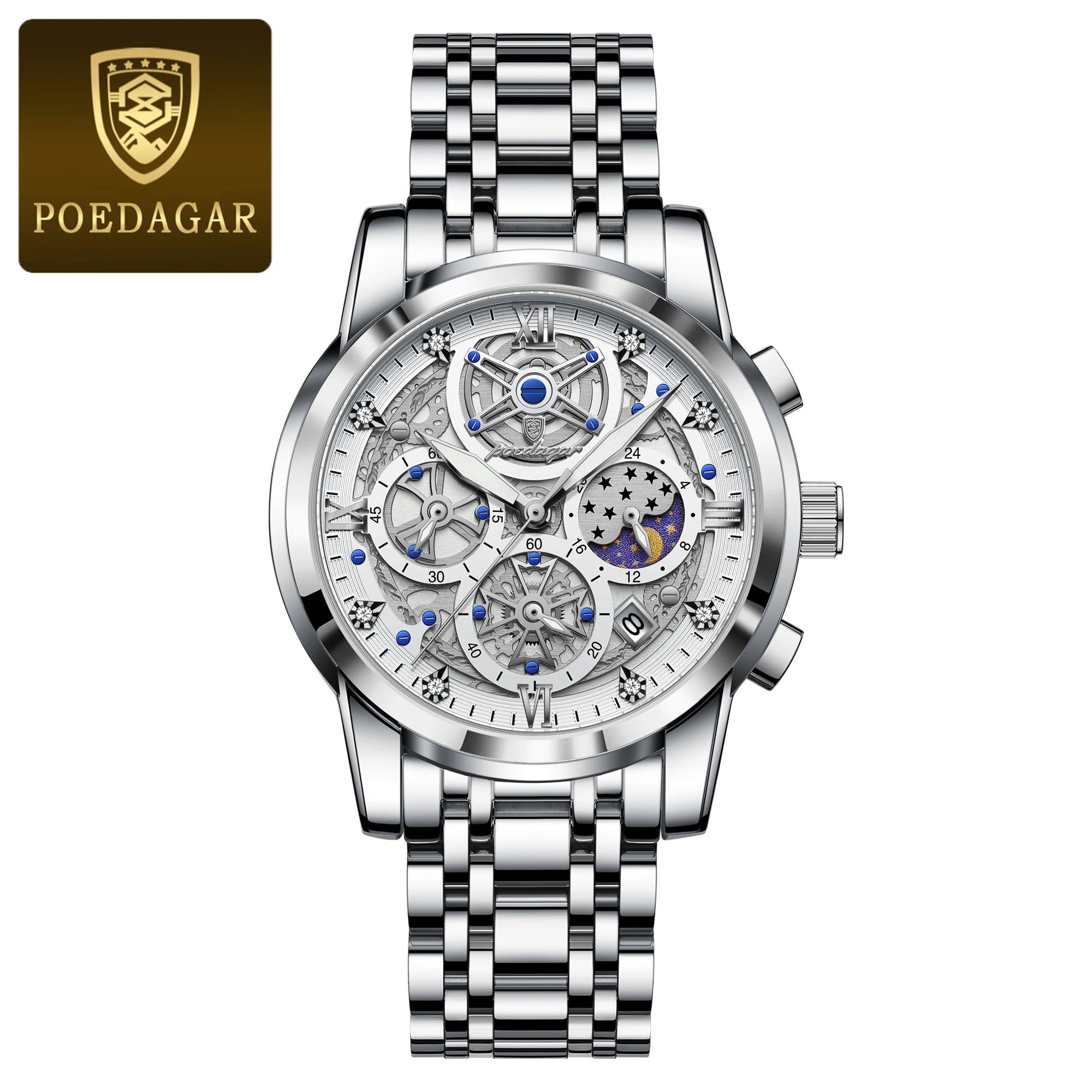 POEDAGAR Original Male Watch Stainless Steel Date Chronograph Quartz Men Watch Waterproof Luminous Fashion Watches For Men Reloj