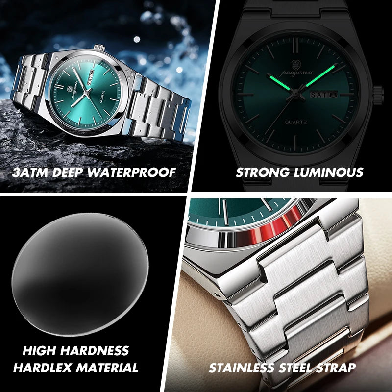 PAAZOMU Fashion Men's Quartz Watch Stainless Steel Waterproof Luminous Man Watch Chronograph Date Multifunction Watches For Men