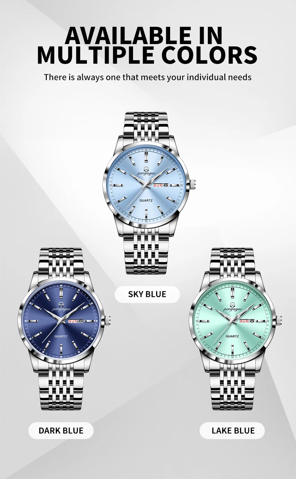 PENGAGAR Luxury Watch For Man Waterproof Luminous Date Week Stainless Steel Men Watch Casual Quartz Men's Watches Male Clock+box