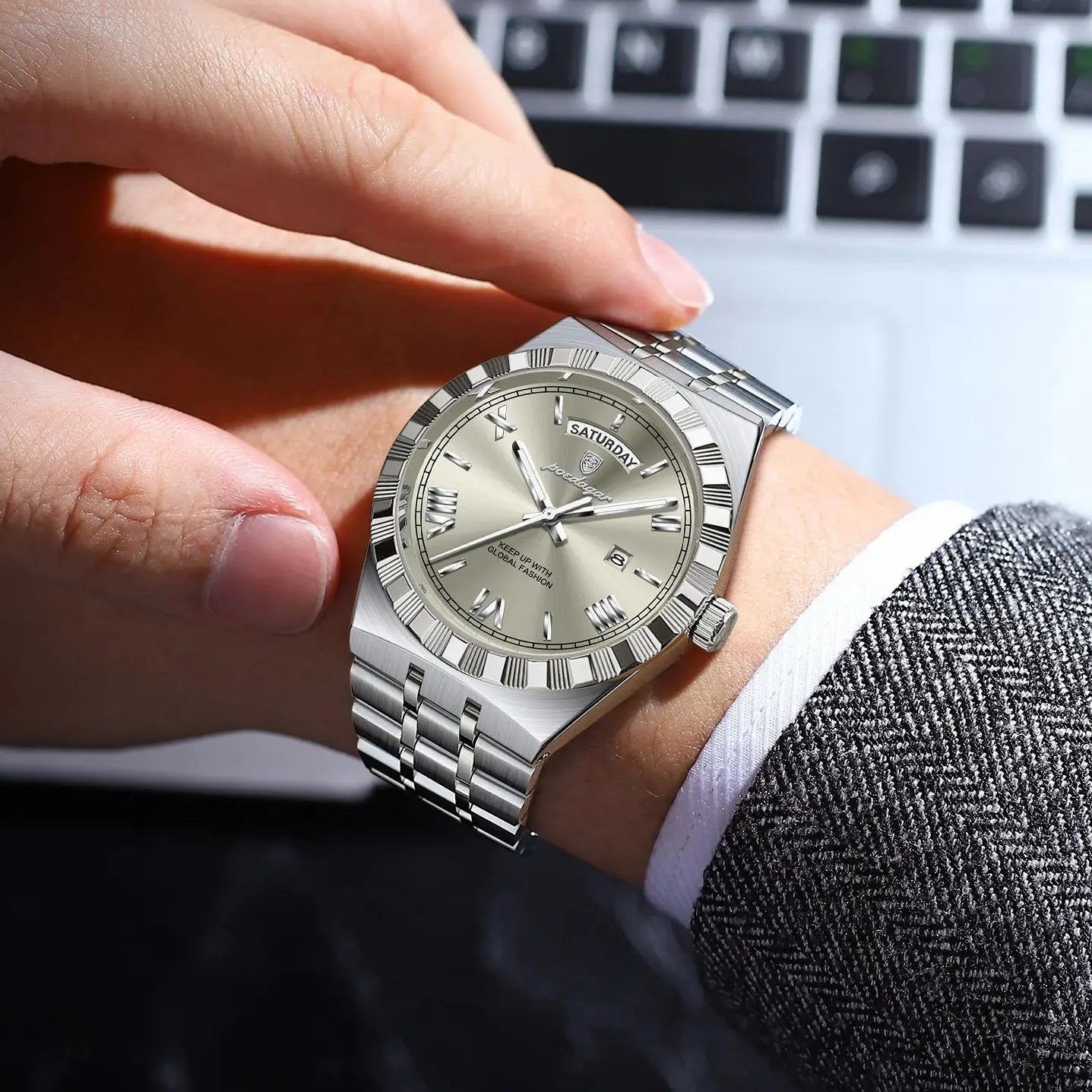 POEDAGAR Luxury Fashion Man Wristwatch Week Date Waterproof Luminous Men's Clock Stainless Steel Quartz Business Watches For Men