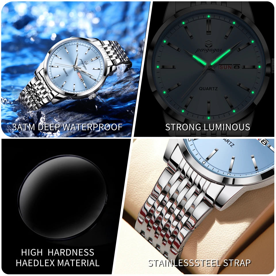 PENGAGAR Luxury Watch For Man Waterproof Luminous Date Week Stainless Steel Men Watch Casual Quartz Men's Watches Male Clock+box