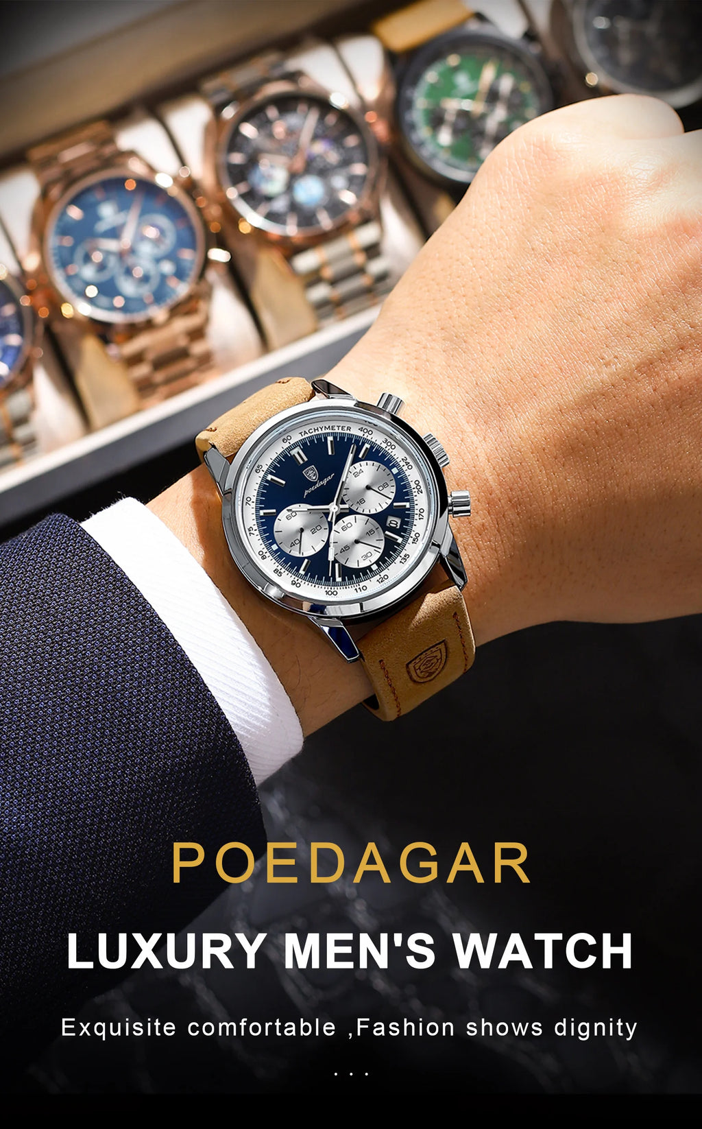 POEDAGAR Fashion Men's Watch Waterproof Luminous Leather Military Man Wristwatch Chronograph Quartz Luxury Watches For Men Reloj