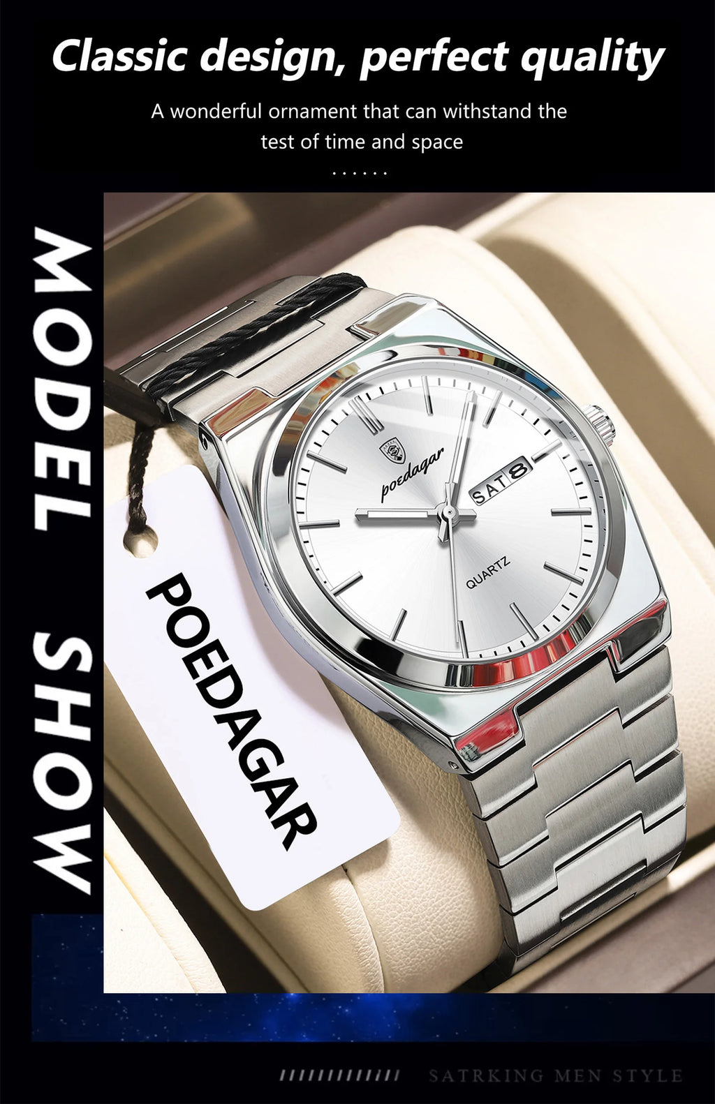 POEDAGAR Luxury Business Men's Wristwatch Stainless Steel Waterproof Luminous Man Watch Date Week Fashion Quartz Watches For Men