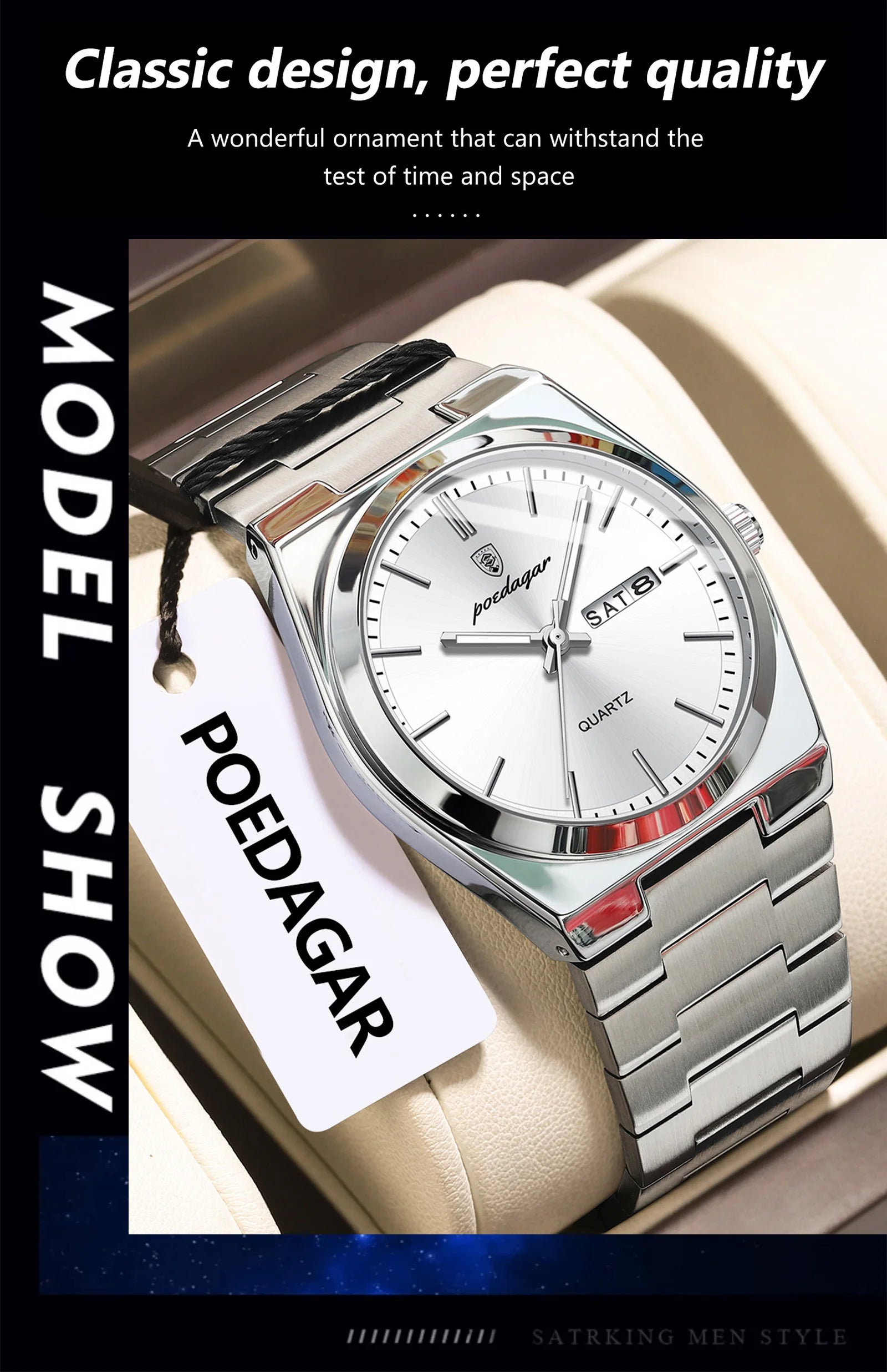 POEDAGAR Luxury Business Men's Wristwatch Stainless Steel Waterproof Luminous Man Watch Date Week Fashion Quartz Watches For Men