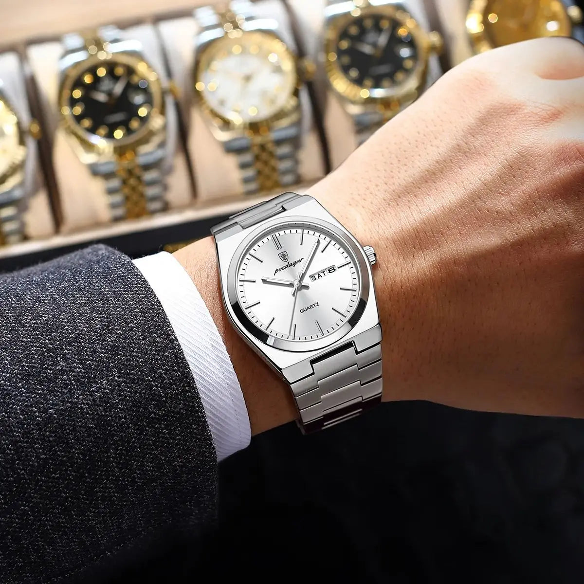 POEDAGAR Luxury Business Men's Wristwatch Stainless Steel Waterproof Luminous Man Watch Date Week Fashion Quartz Watches For Men