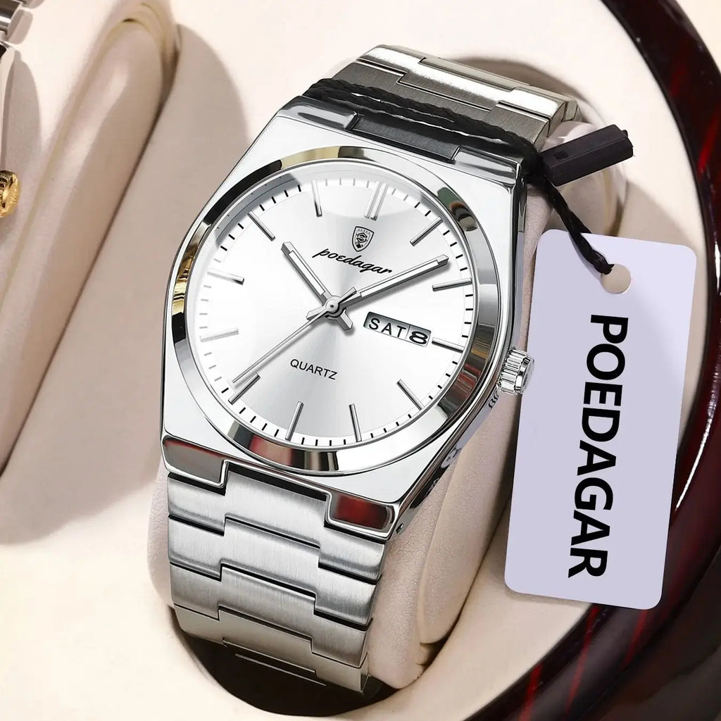 POEDAGAR Luxury Business Men's Wristwatch Stainless Steel Waterproof Luminous Man Watch Date Week Fashion Quartz Watches For Men