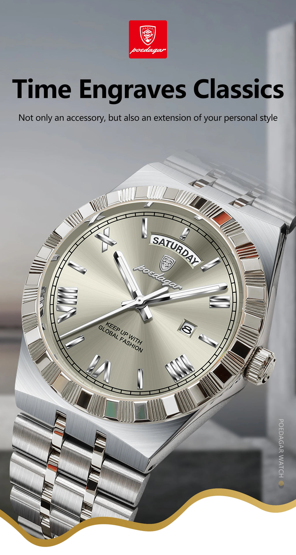 POEDAGAR Luxury Fashion Man Wristwatch Week Date Waterproof Luminous Men's Clock Stainless Steel Quartz Business Watches For Men