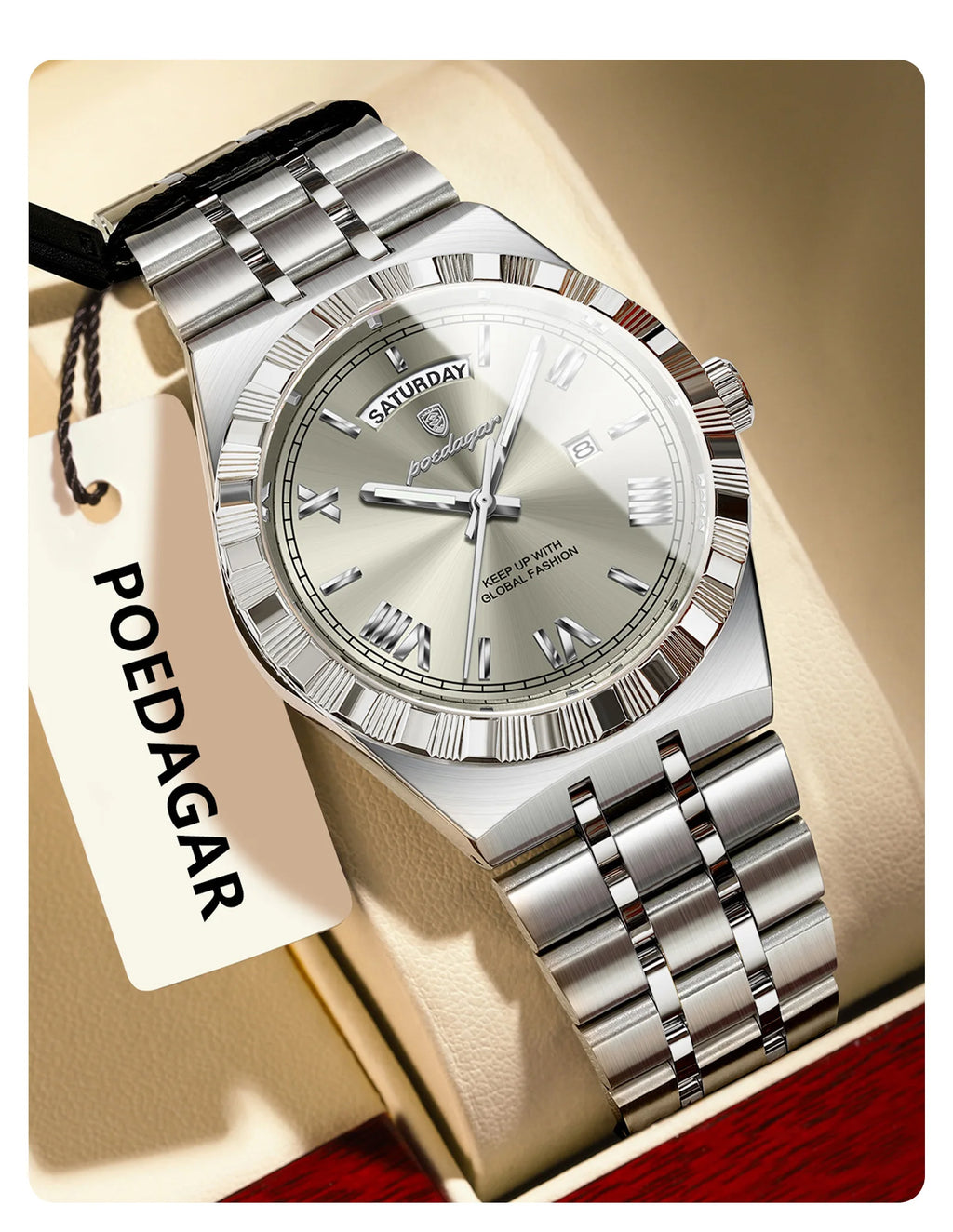 POEDAGAR Luxury Fashion Man Wristwatch Week Date Waterproof Luminous Men's Clock Stainless Steel Quartz Business Watches For Men