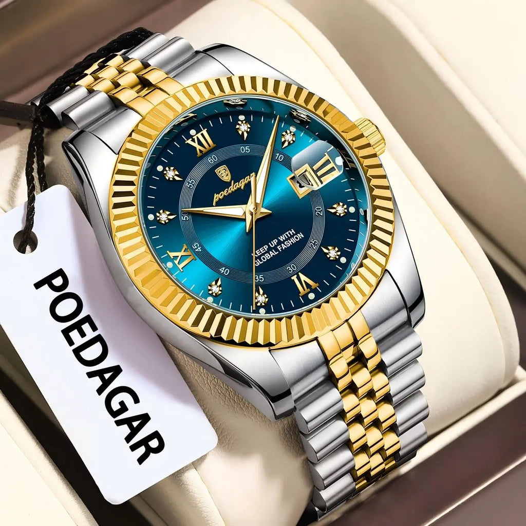 POEDAGAR Trendy Casual Men's Wristwatch Waterproof Luminous Date Man Clock Stainless Steel Quartz Business Watches For Men Reloj