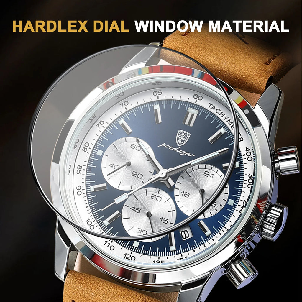 POEDAGAR Fashion Men's Watch Waterproof Luminous Leather Military Man Wristwatch Chronograph Quartz Luxury Watches For Men Reloj