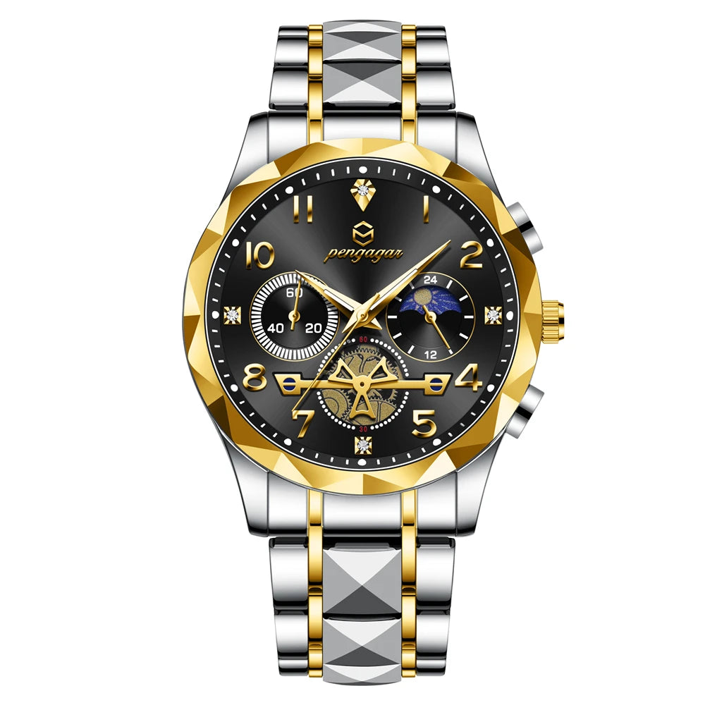 PENGAGAR  Luxury Man Wristwatch Waterproof Luminous Chronograph Watch for Men Stainless Steel Men's Quartz Watches reloj hombre