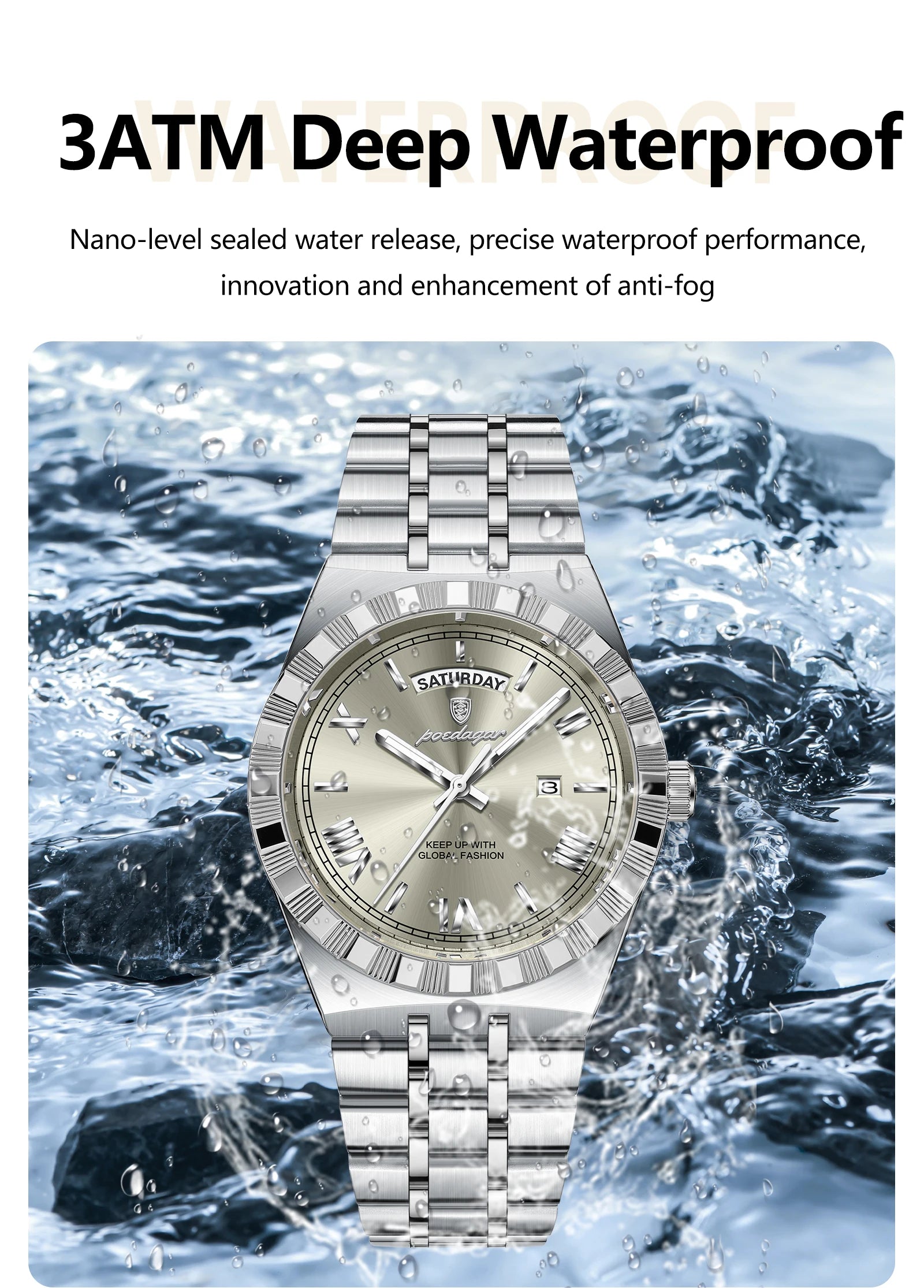 POEDAGAR Luxury Fashion Man Wristwatch Week Date Waterproof Luminous Men's Clock Stainless Steel Quartz Business Watches For Men