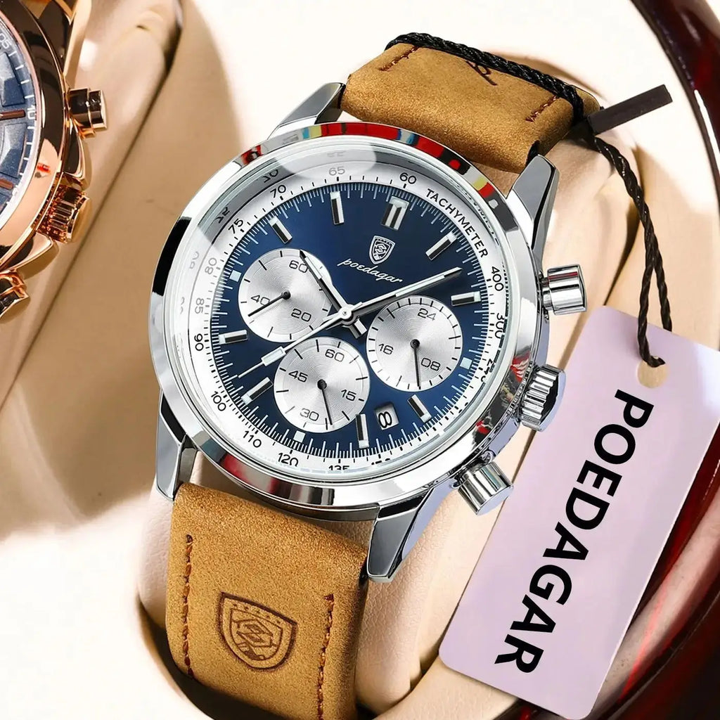 POEDAGAR Fashion Men's Watch Waterproof Luminous Leather Military Man Wristwatch Chronograph Quartz Luxury Watches For Men Reloj