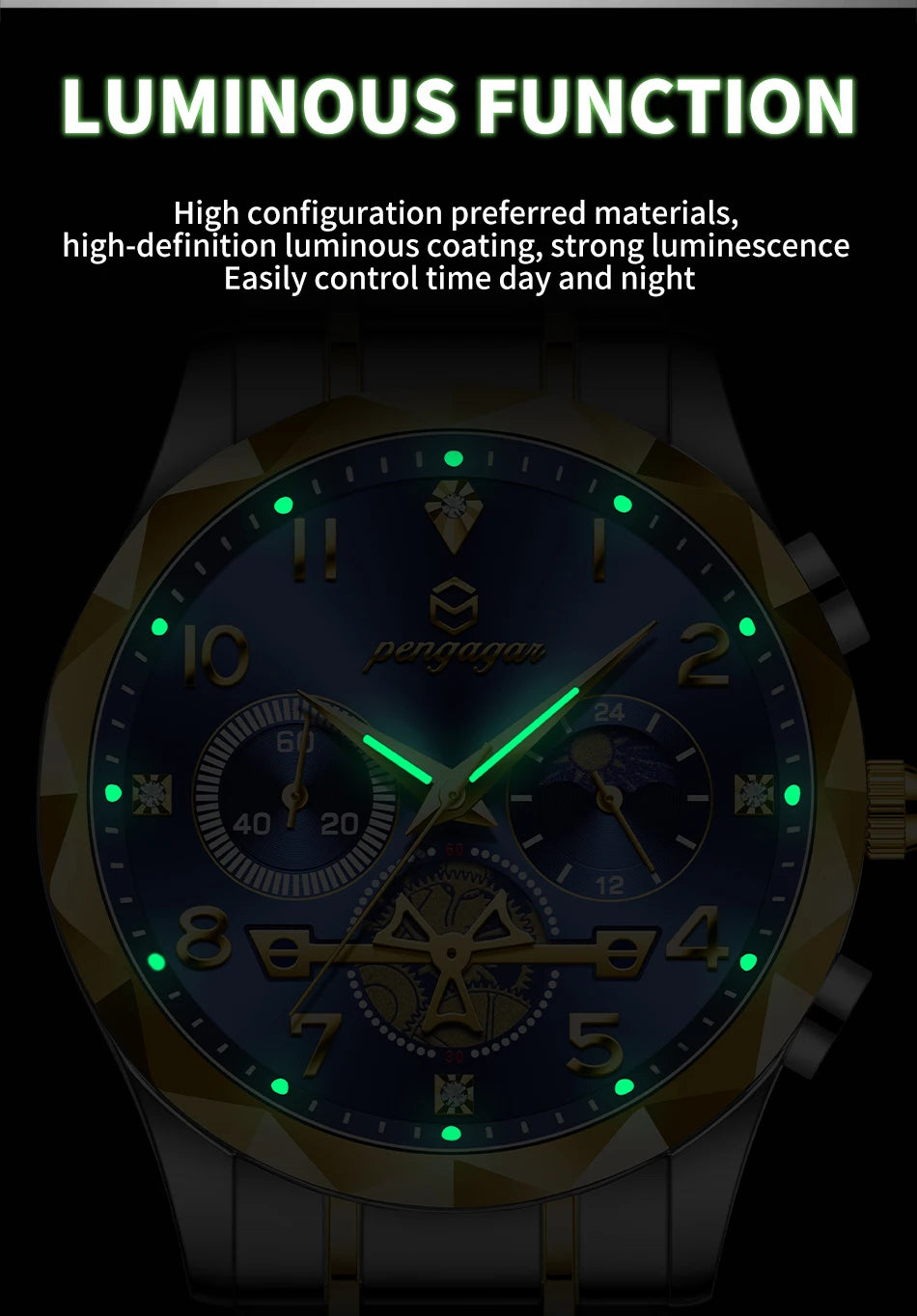 PENGAGAR  Luxury Man Wristwatch Waterproof Luminous Chronograph Watch for Men Stainless Steel Men's Quartz Watches reloj hombre