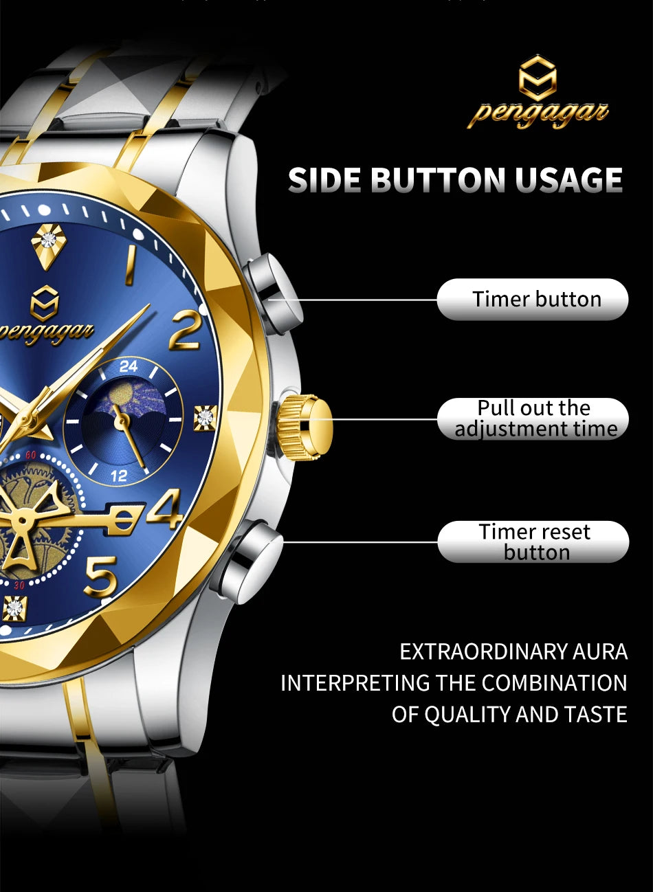 PENGAGAR  Luxury Man Wristwatch Waterproof Luminous Chronograph Watch for Men Stainless Steel Men's Quartz Watches reloj hombre