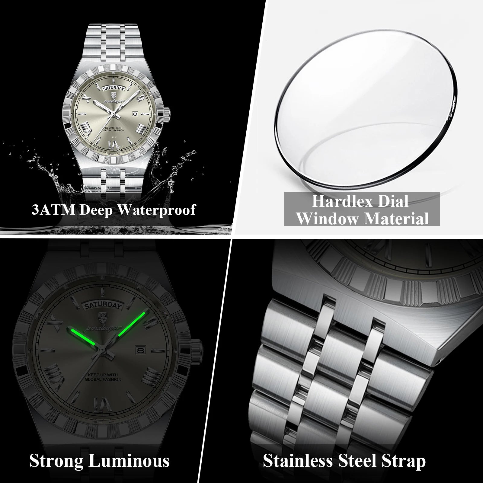 POEDAGAR Luxury Fashion Man Wristwatch Week Date Waterproof Luminous Men's Clock Stainless Steel Quartz Business Watches For Men