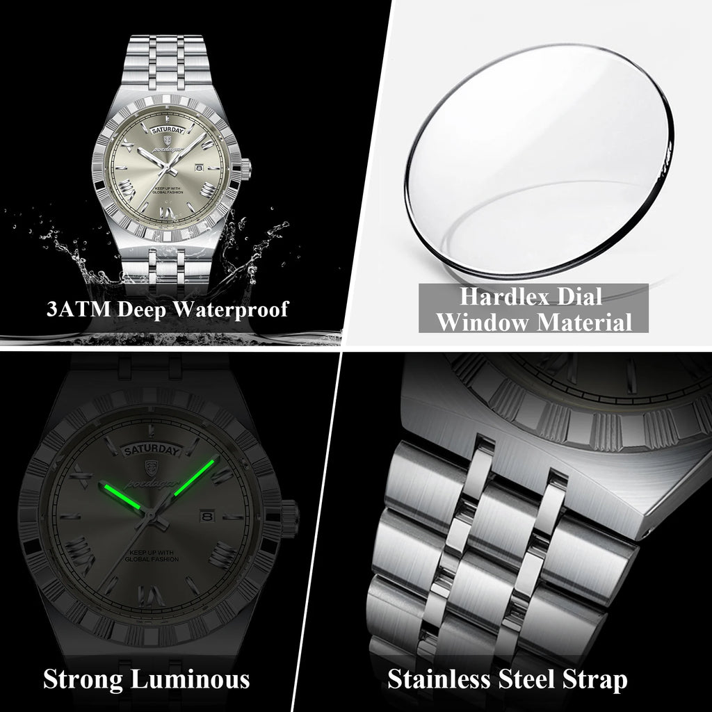 POEDAGAR Luxury Fashion Man Wristwatch Week Date Waterproof Luminous Men's Clock Stainless Steel Quartz Business Watches For Men