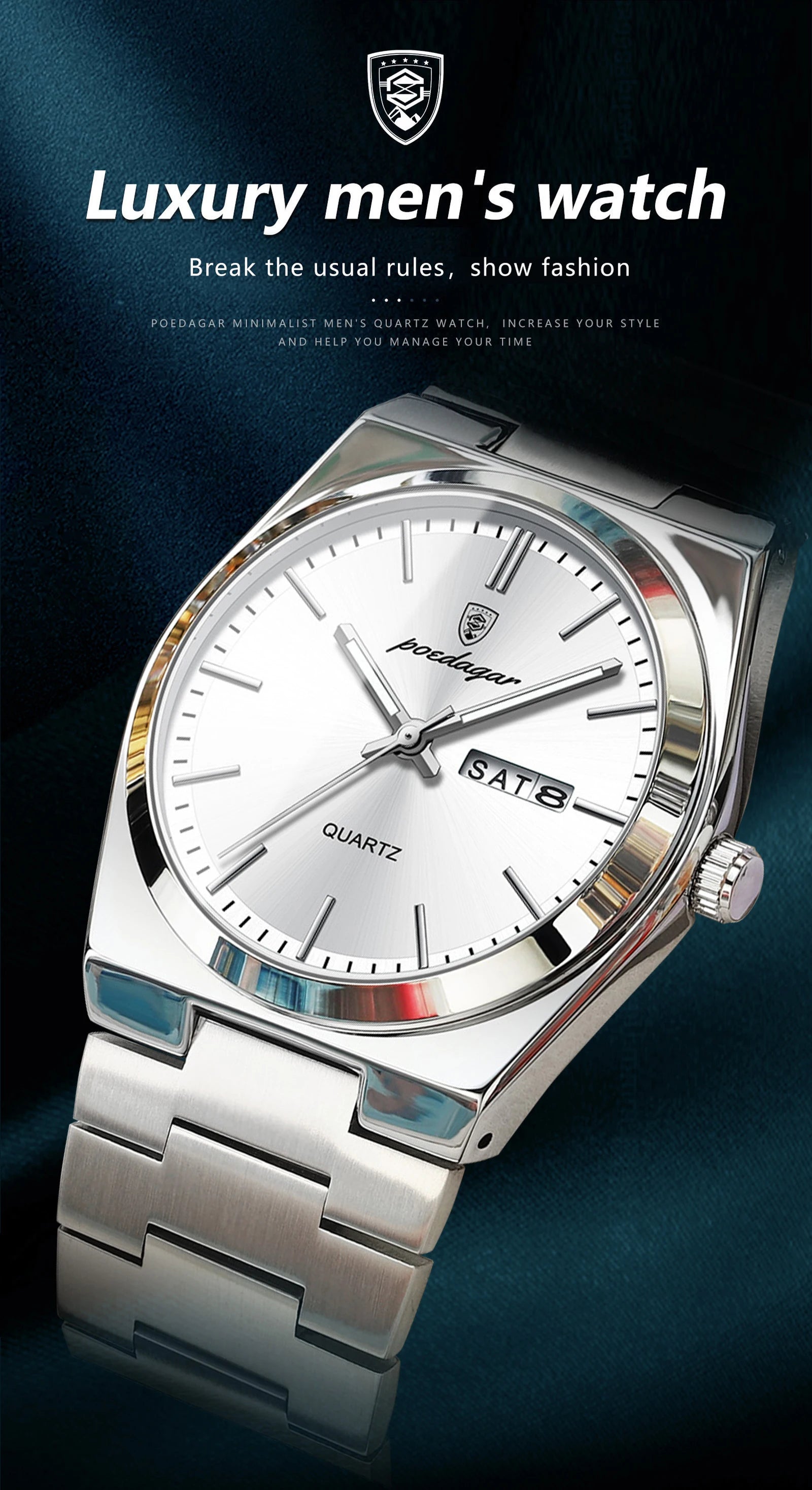 POEDAGAR Luxury Business Men's Wristwatch Stainless Steel Waterproof Luminous Man Watch Date Week Fashion Quartz Watches For Men