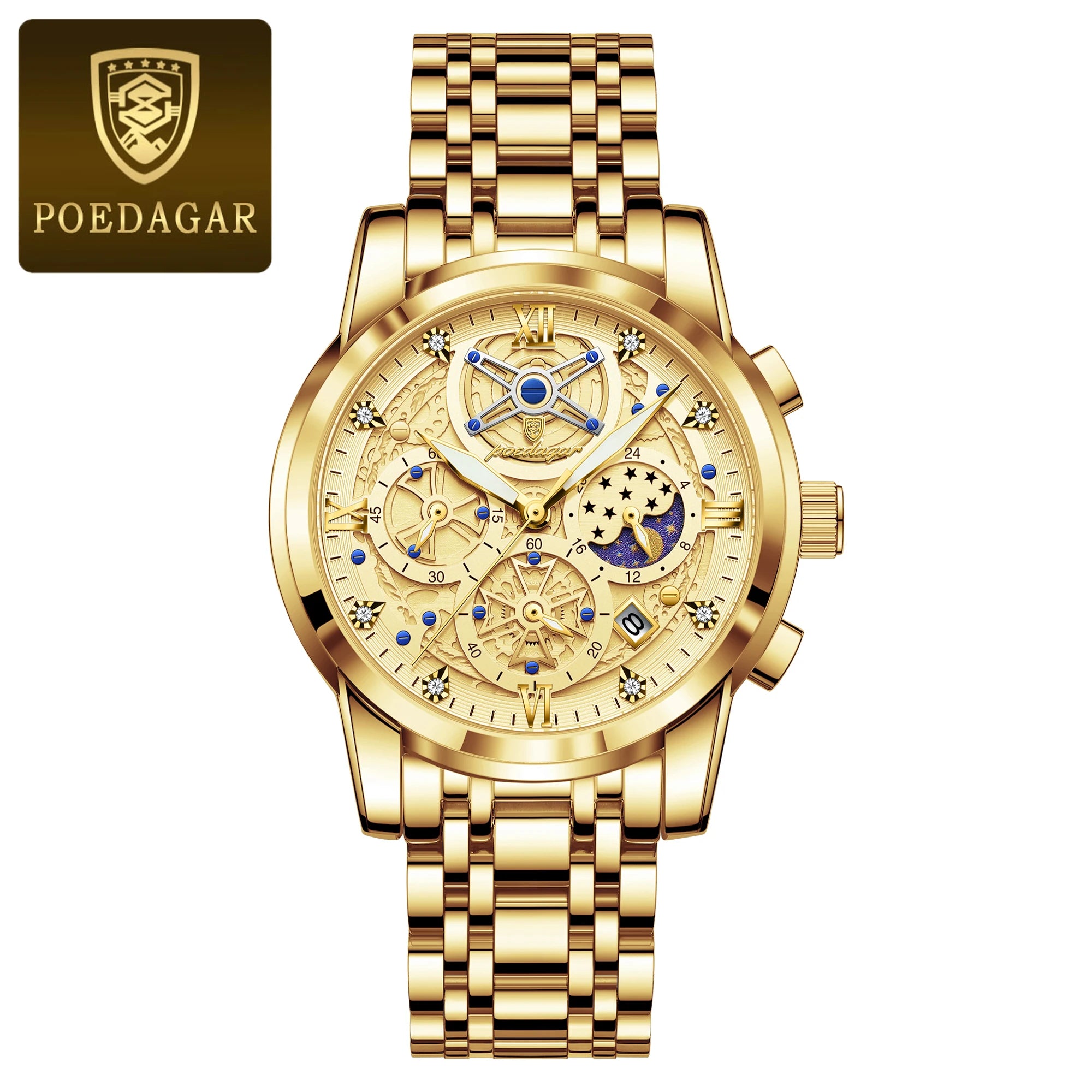 POEDAGAR Original Male Watch Stainless Steel Date Chronograph Quartz Men Watch Waterproof Luminous Fashion Watches For Men Reloj