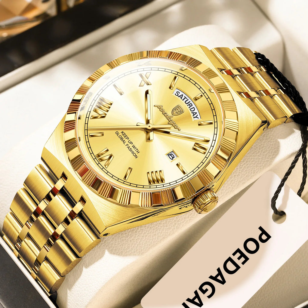 POEDAGAR Luxury Fashion Man Wristwatch Week Date Waterproof Luminous Men's Clock Stainless Steel Quartz Business Watches For Men