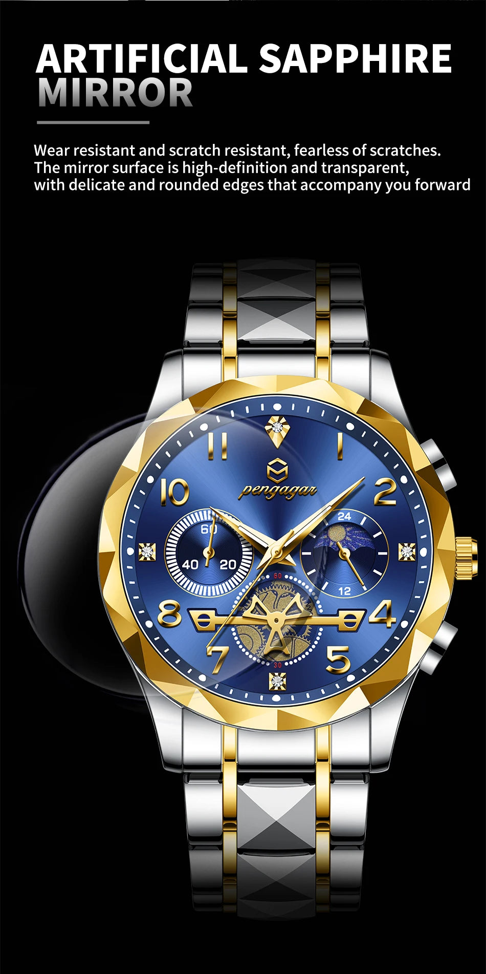 PENGAGAR  Luxury Man Wristwatch Waterproof Luminous Chronograph Watch for Men Stainless Steel Men's Quartz Watches reloj hombre