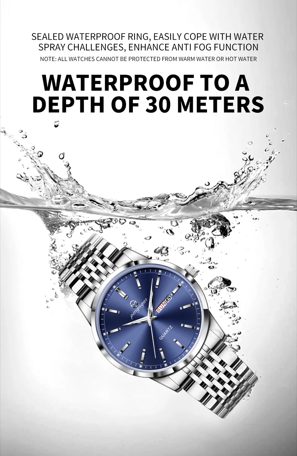 PENGAGAR Luxury Watch For Man Waterproof Luminous Date Week Stainless Steel Men Watch Casual Quartz Men's Watches Male Clock+box