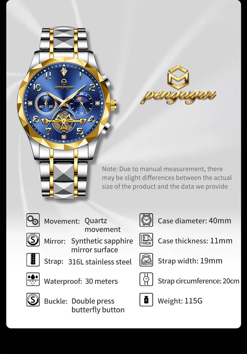 PENGAGAR  Luxury Man Wristwatch Waterproof Luminous Chronograph Watch for Men Stainless Steel Men's Quartz Watches reloj hombre