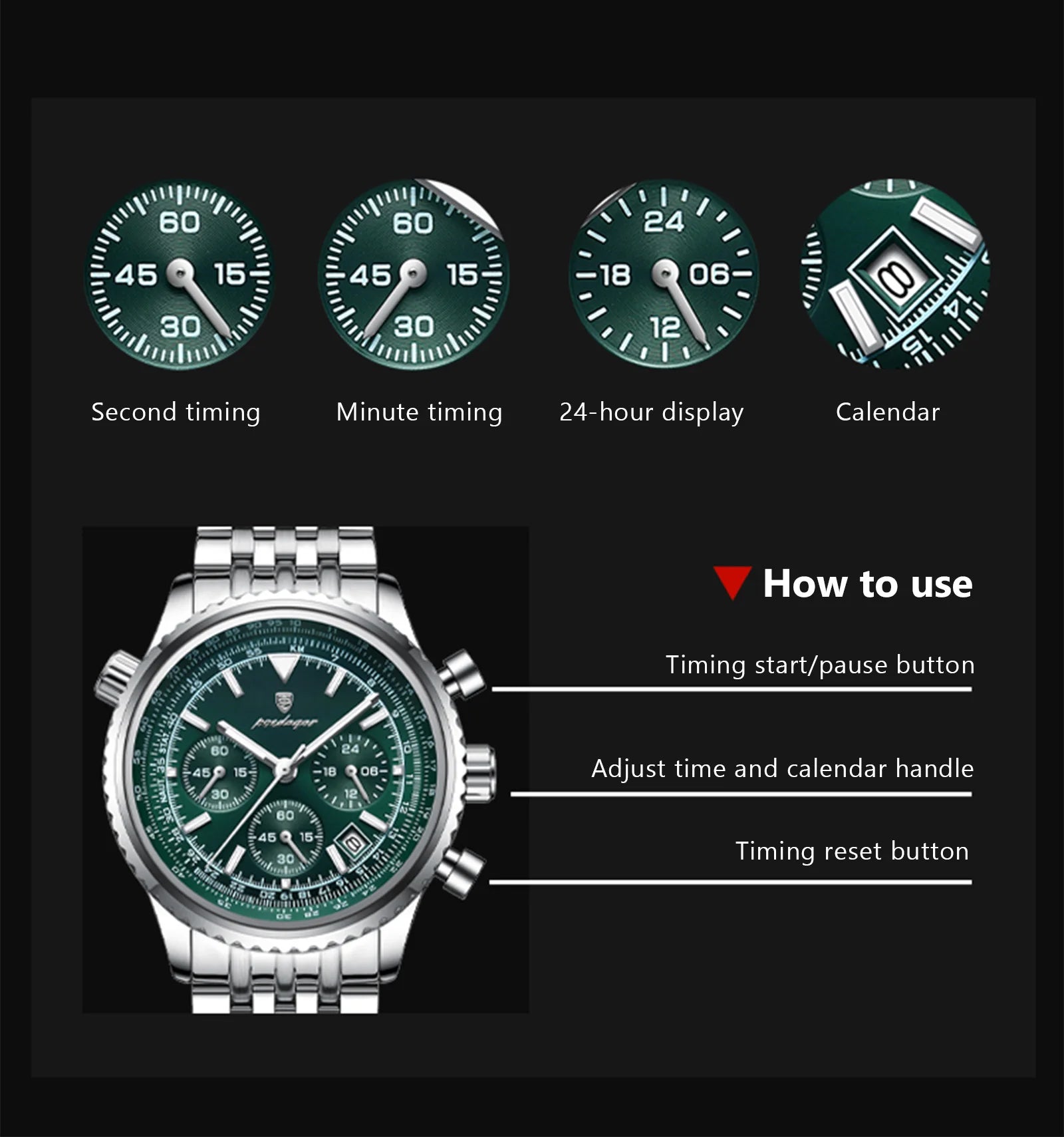 POEDAGAR Luxury Men's Watch Date Chronograph Stainless Steel Quartz Man Watch Waterproof Luminous Business Watches For Men Reloj