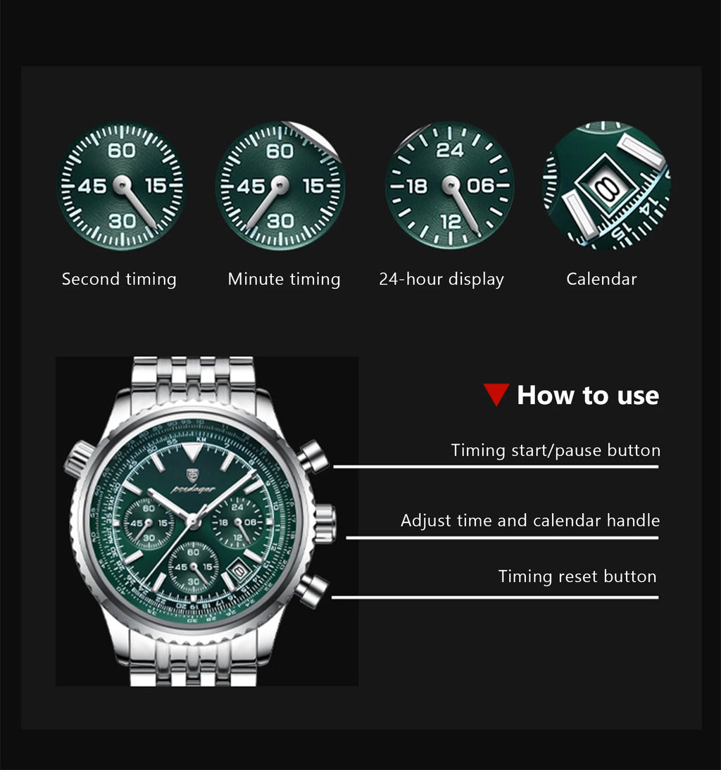 POEDAGAR Luxury Men's Watch Date Chronograph Stainless Steel Quartz Man Watch Waterproof Luminous Business Watches For Men Reloj