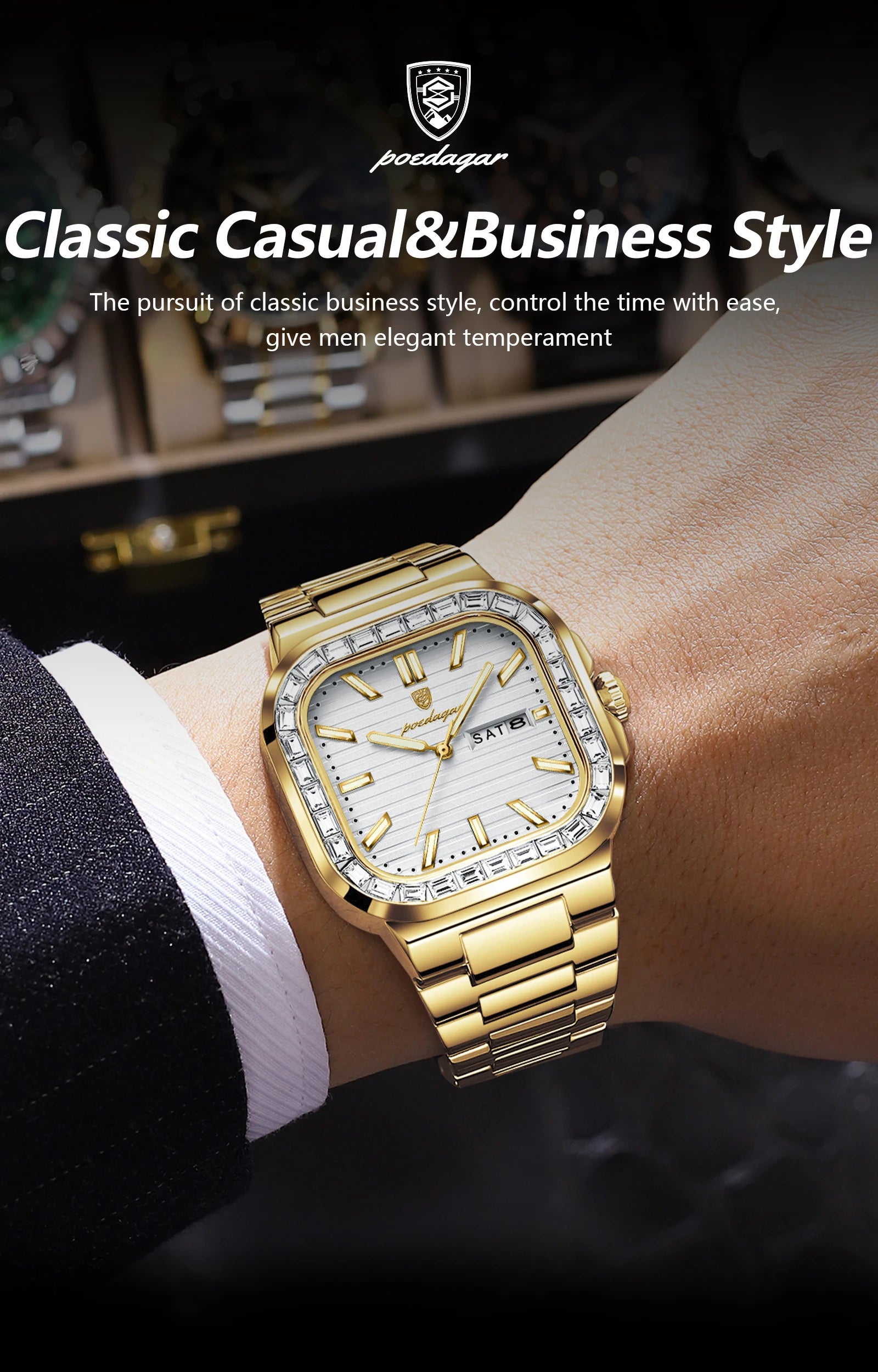 POEDAGAR Luxury Business Men's Wristwatch Waterproof Stainless Steel Luminous Man Watch Date Week Fashion Quartz Watches For Men