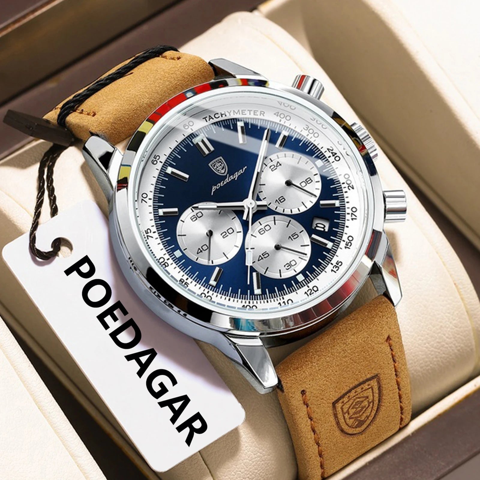 POEDAGAR Fashion Men's Watch Waterproof Luminous Leather Military Man Wristwatch Chronograph Quartz Luxury Watches For Men Reloj