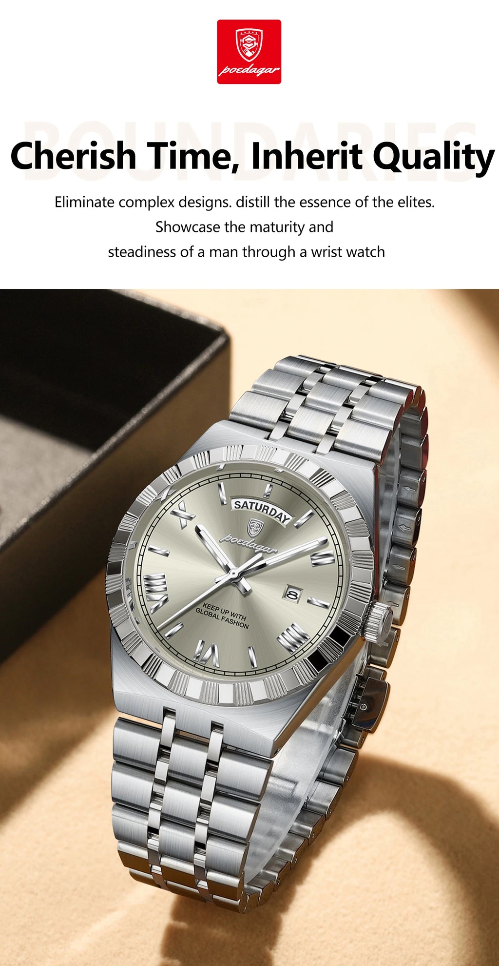 POEDAGAR Luxury Fashion Man Wristwatch Week Date Waterproof Luminous Men's Clock Stainless Steel Quartz Business Watches For Men