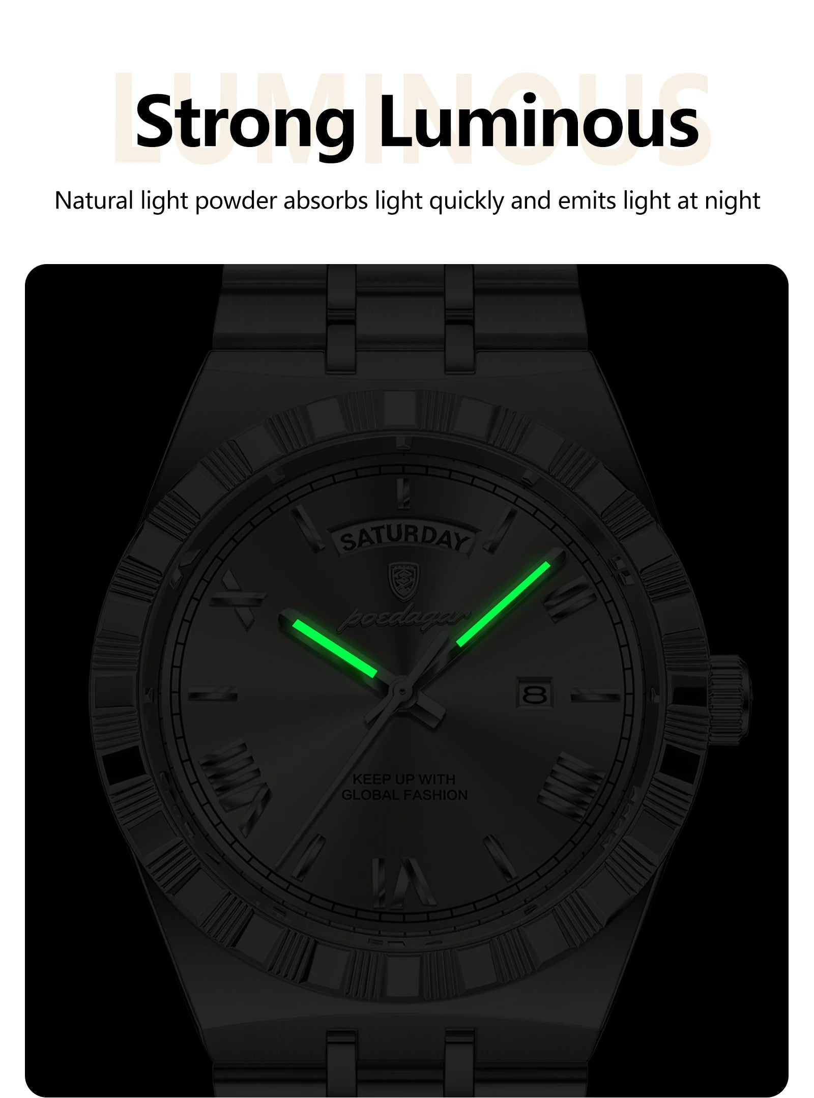 POEDAGAR Luxury Fashion Man Wristwatch Week Date Waterproof Luminous Men's Clock Stainless Steel Quartz Business Watches For Men