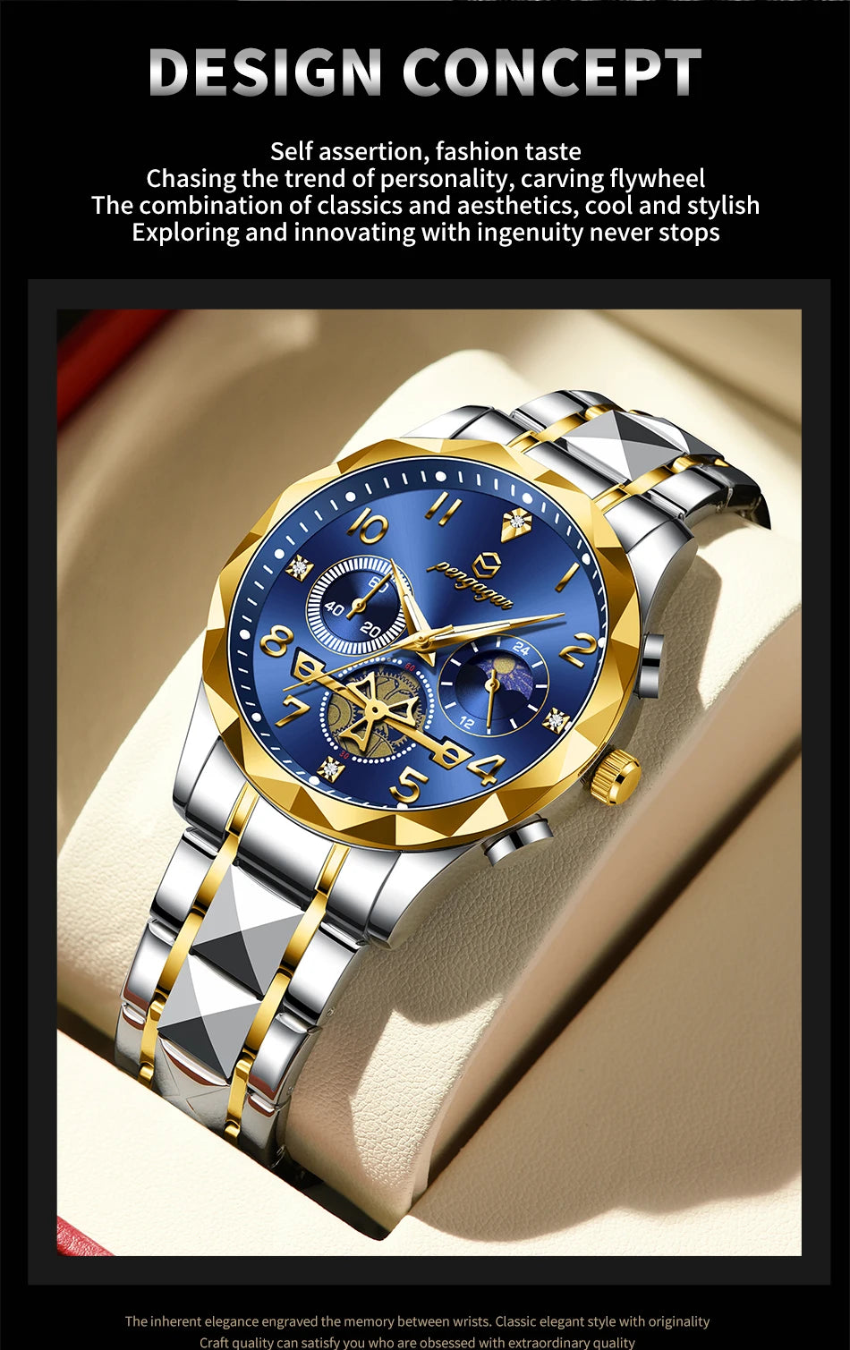 PENGAGAR  Luxury Man Wristwatch Waterproof Luminous Chronograph Watch for Men Stainless Steel Men's Quartz Watches reloj hombre