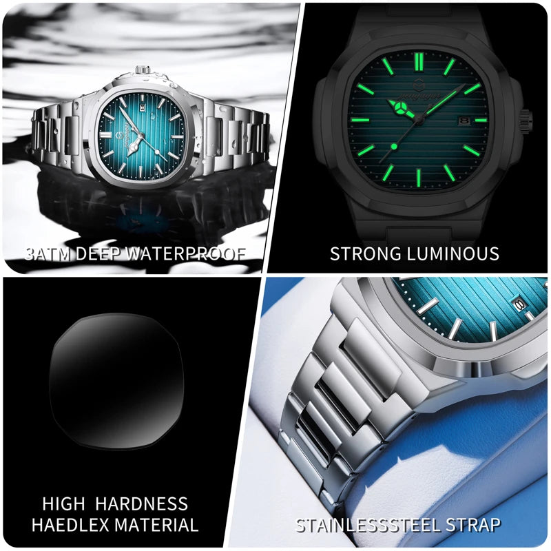2025 New Luxury Military Man Watch Square Waterproof Luminous Date Week Men Watch Stainless Steel Quartz Men's Watches Reloj+box