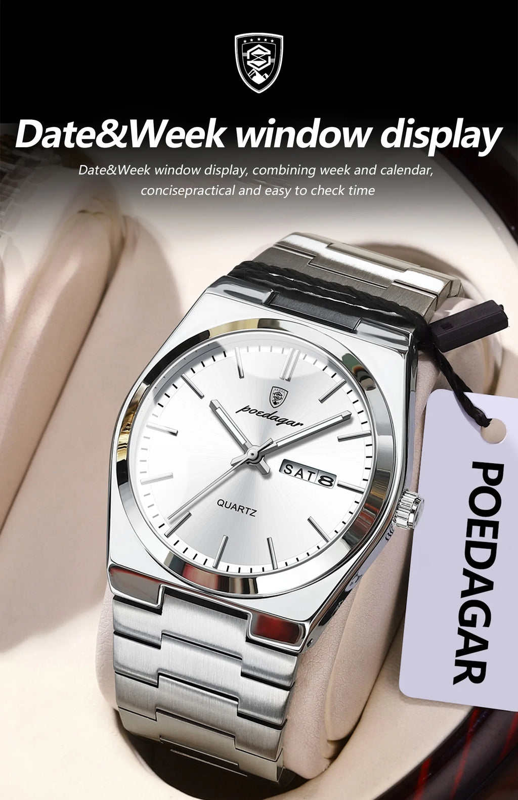 POEDAGAR Luxury Business Men's Wristwatch Stainless Steel Waterproof Luminous Man Watch Date Week Fashion Quartz Watches For Men