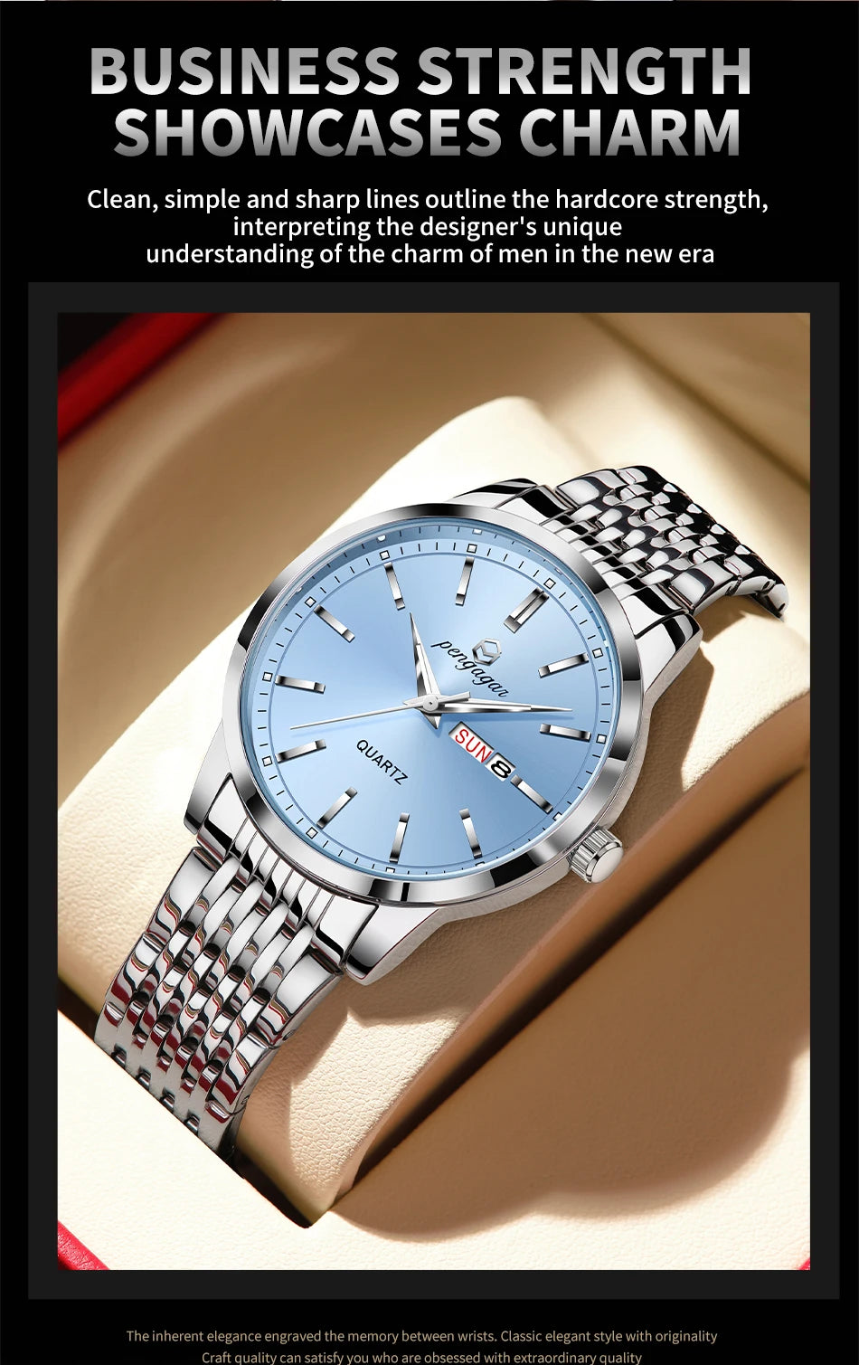 PENGAGAR Luxury Watch For Man Waterproof Luminous Date Week Stainless Steel Men Watch Casual Quartz Men's Watches Male Clock+box