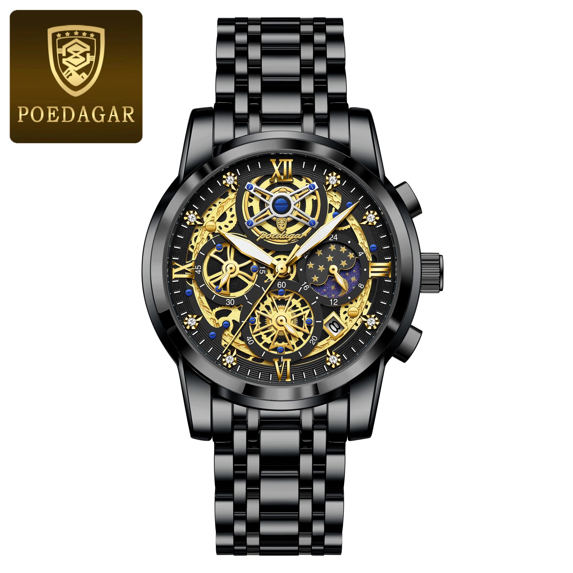 POEDAGAR Original Male Watch Stainless Steel Date Chronograph Quartz Men Watch Waterproof Luminous Fashion Watches For Men Reloj